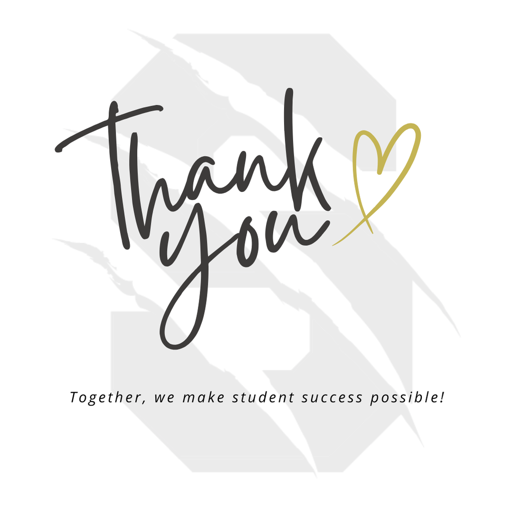 Text graphic with the words “Thank you” and a gold heart above the phrase “Together, we make student success possible!” in front of a faint SR3 logo background.