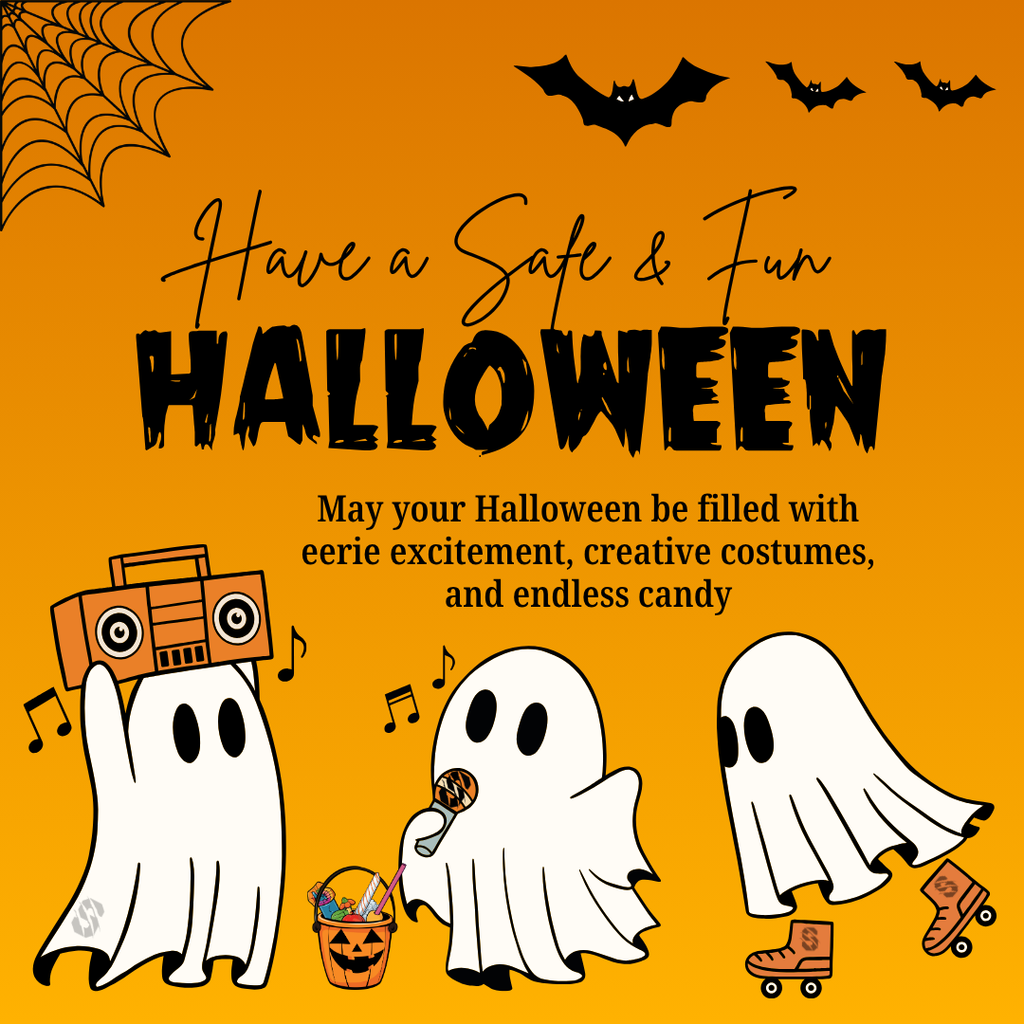 Orange Halloween graphic with black bats and spider webs. Text reads 'Have a Safe & Fun Halloween. May your Halloween be filled with eerie excitement, creative costumes, and endless candy.' Three cartoon ghosts are dancing—one holds a boombox, one sings into a microphone beside a candy bucket, and one skates on roller skates.