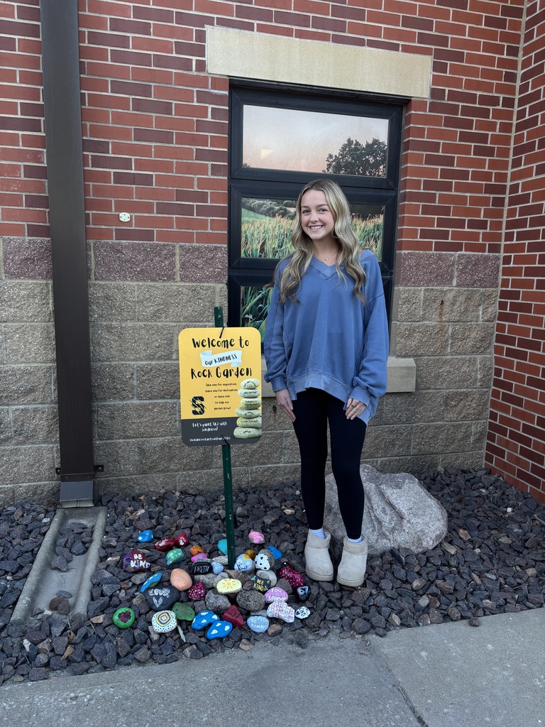“A student stands next to a Kindness Rock Garden sign outside a school, with a cluster of painted kindness rocks below.”