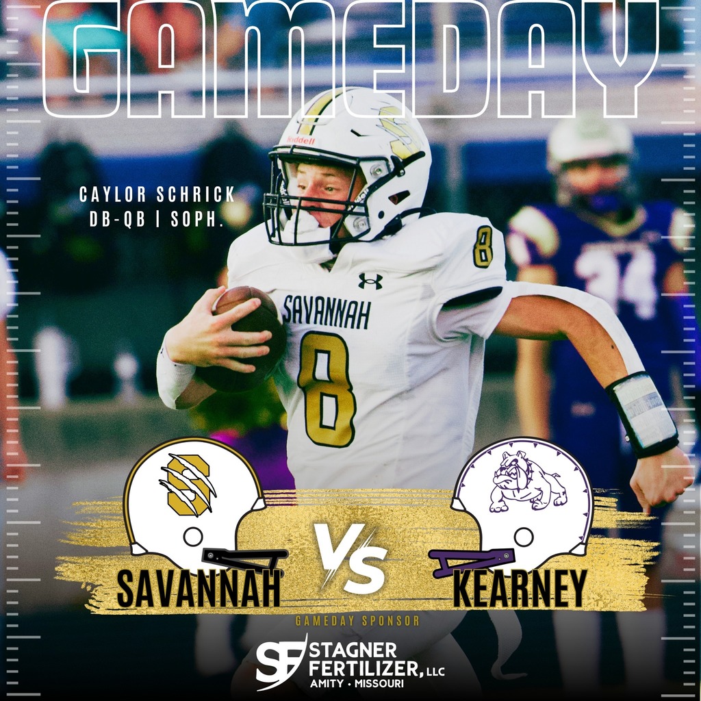 Football player runs with the ball.  Text overlay reads GAMEDAY, Savannah VS Kearney
