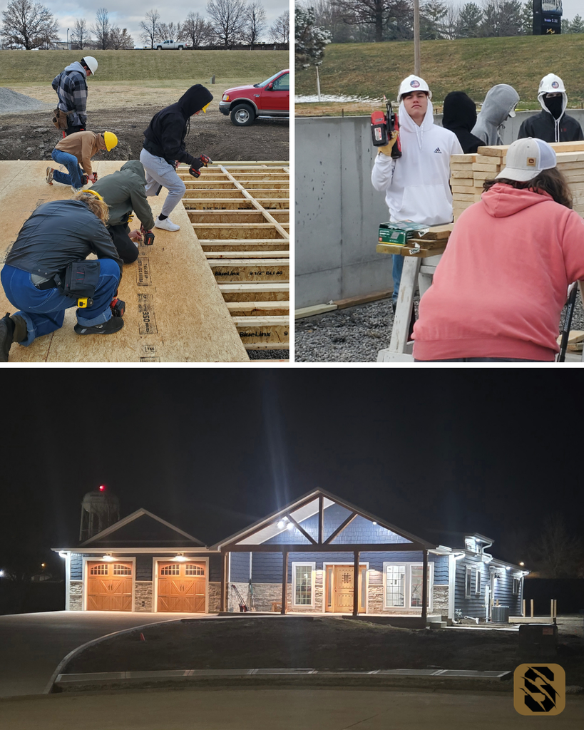 Students drilling floor decking, assembling materials at the foundation, and a finished view of the student-built house at night.