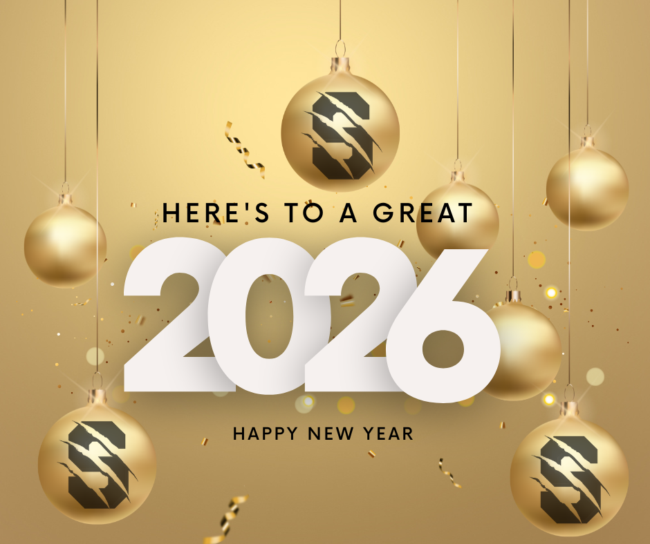 Gold New Year’s graphic featuring hanging ornaments with the SR3 “S” logo and large text reading “Here’s to a Great 2026. Happy New Year.”