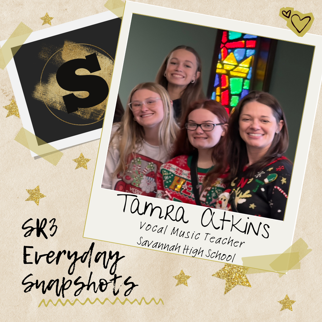 Staff spotlight graphic showing Tamra Atkins, vocal music teacher at Savannah High School, smiling with students in festive sweaters.