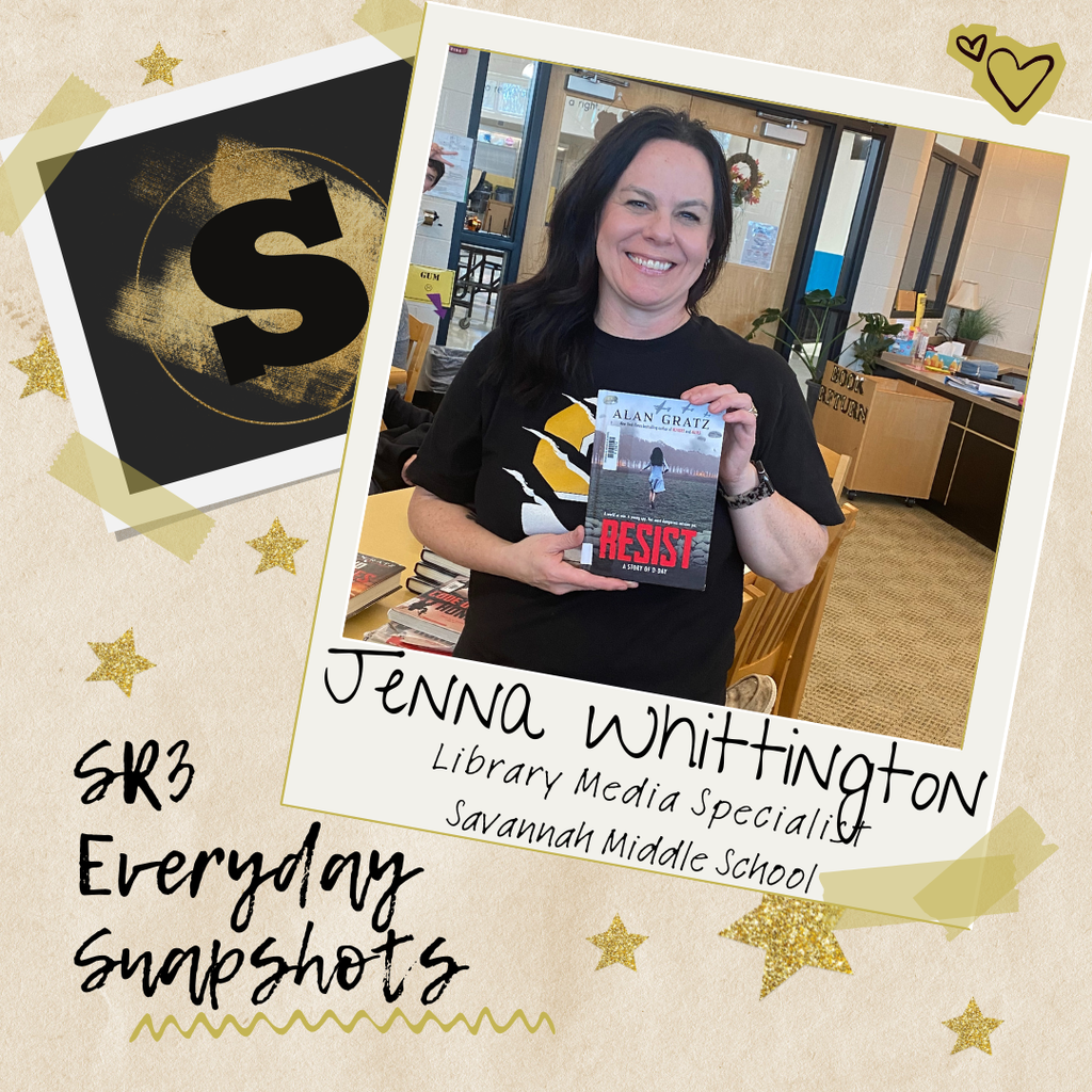 Staff spotlight graphic featuring Jenna Whittington, library media specialist at Savannah Middle School, holding a book in the school library.