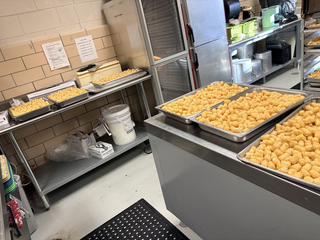 Multiple trays of a baked lunch dish topped with tater tots, prepared in a school kitchen and lined up on stainless steel tables.