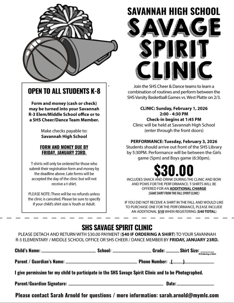 Flyer for Savannah High School Savage Spirit Clinic open to K–8 students with clinic and performance dates, times, location, and cost details.
