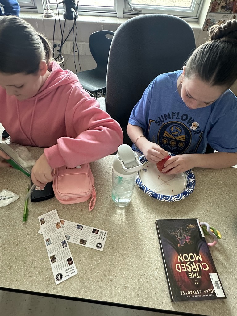 Two students sitting at a table carving apples during a classroom activity, with supplies spread out in front of them.