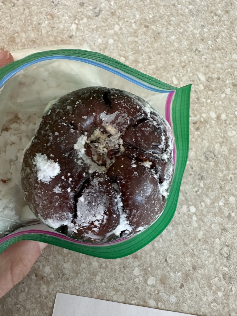 Close-up of a carved apple inside a sealed plastic bag, covered in white powder as it dries.
