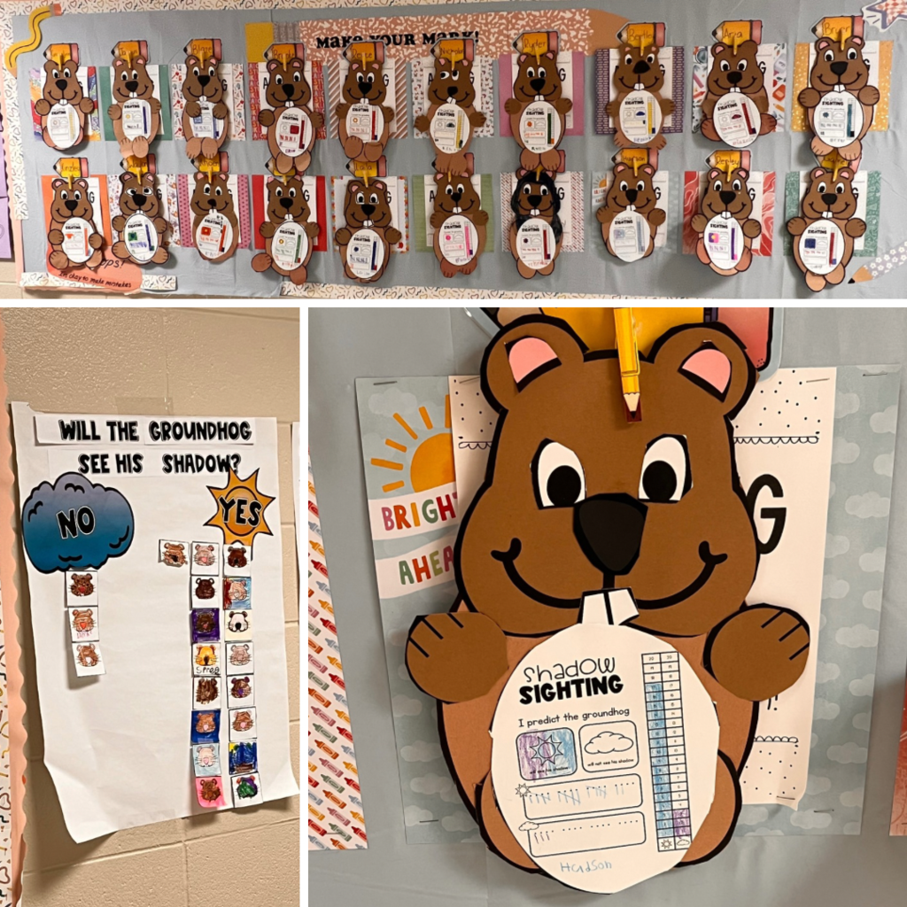 Classroom and hallway displays showing student-made groundhog prediction projects and artwork.