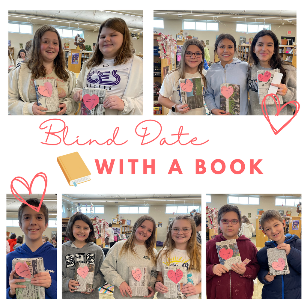 Sixth-grade students in the school library hold wrapped books with heart-shaped clue tags during a “Blind Date with a Book” activity.