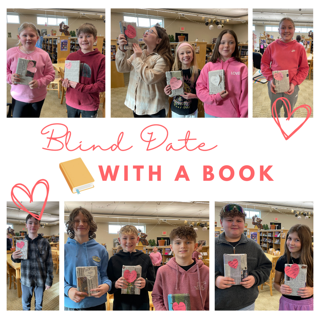 Sixth graders display wrapped books chosen by clues, not covers, during a Valentine-themed “Blind Date with a Book” in the library.