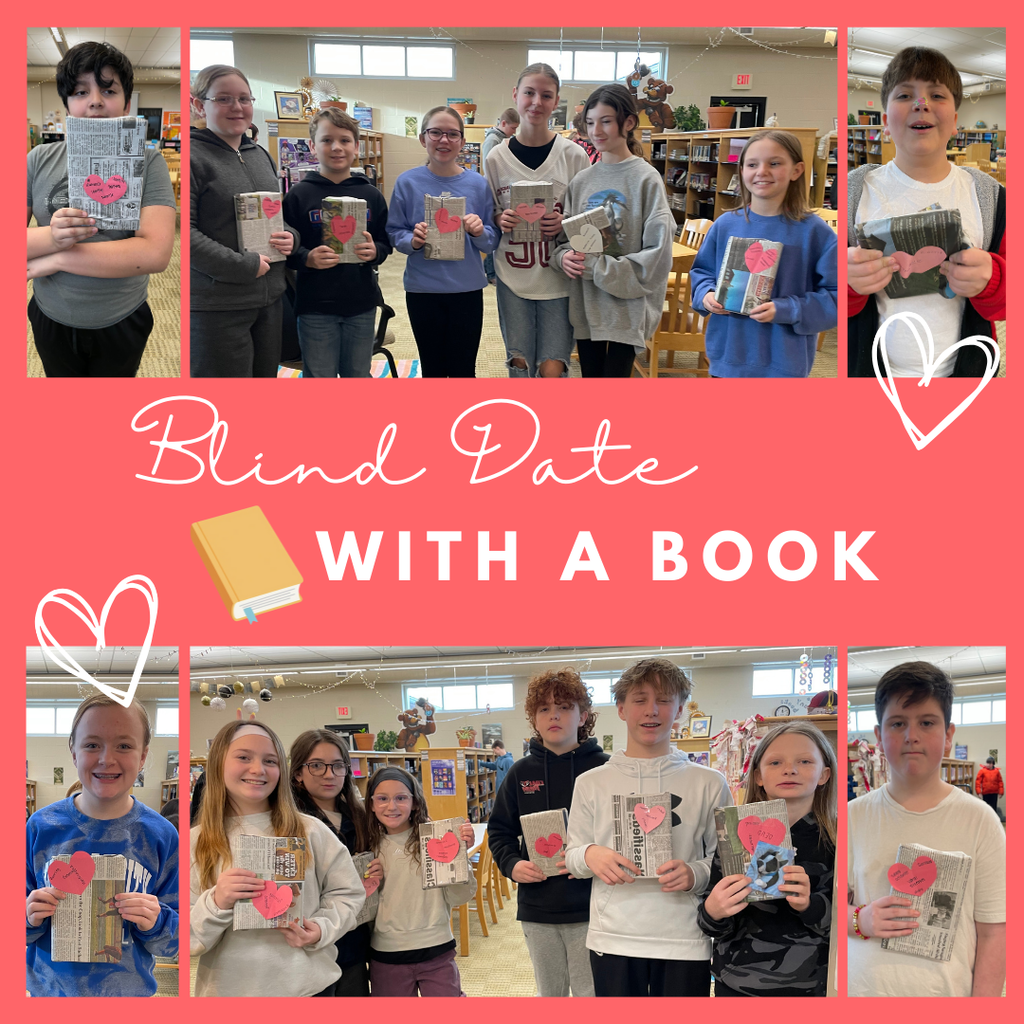 Groups of sixth-grade students smile in the library while holding wrapped mystery books labeled with heart-shaped clues.