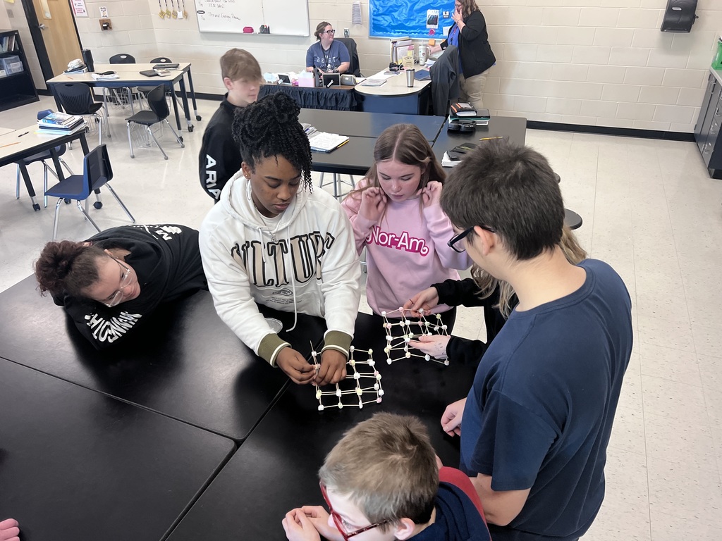 Eighth graders collaborate to assemble extended molecular structures during a hands-on science activity.
