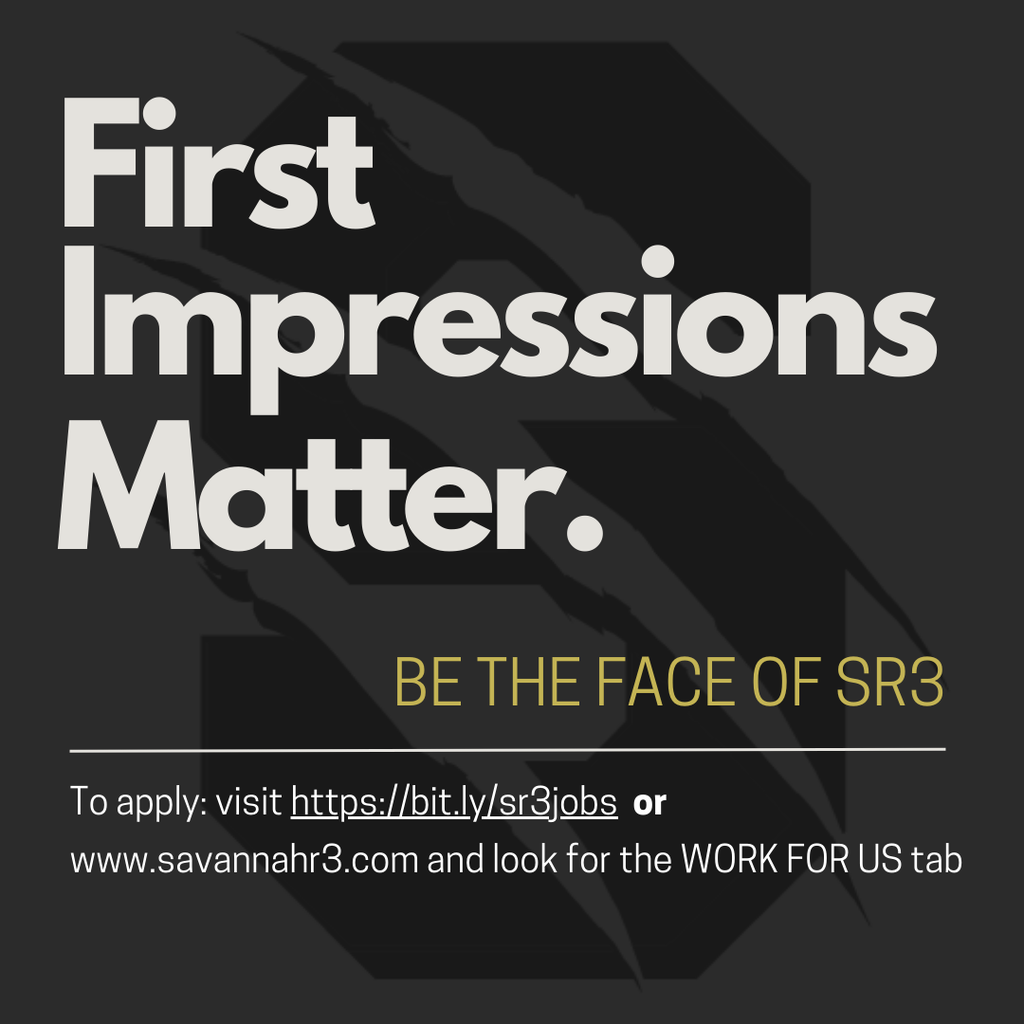 Black and gold hiring graphic reading “First Impressions Matter. Be the Face of SR3.” District Receptionist opening with application link.