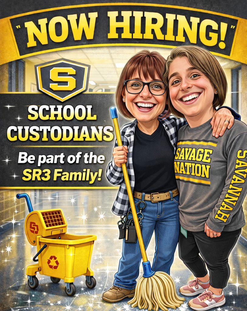 Caricature of two smiling SR3 custodians standing in a school hallway with a “Now Hiring” sign.