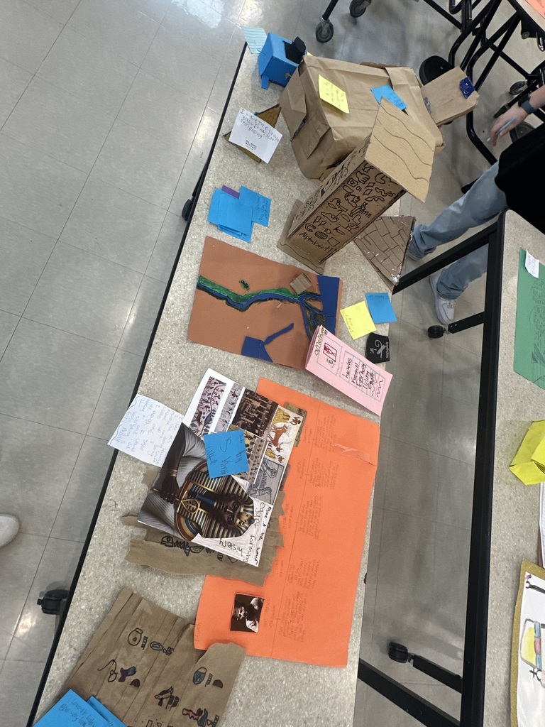 Student artwork and written reflections about Ancient Egypt surrounded by colorful sticky-note feedback.