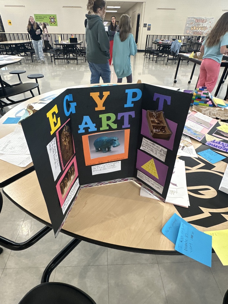 Tri-fold display board titled “Egypt Art” featuring images and information about ancient artifacts.