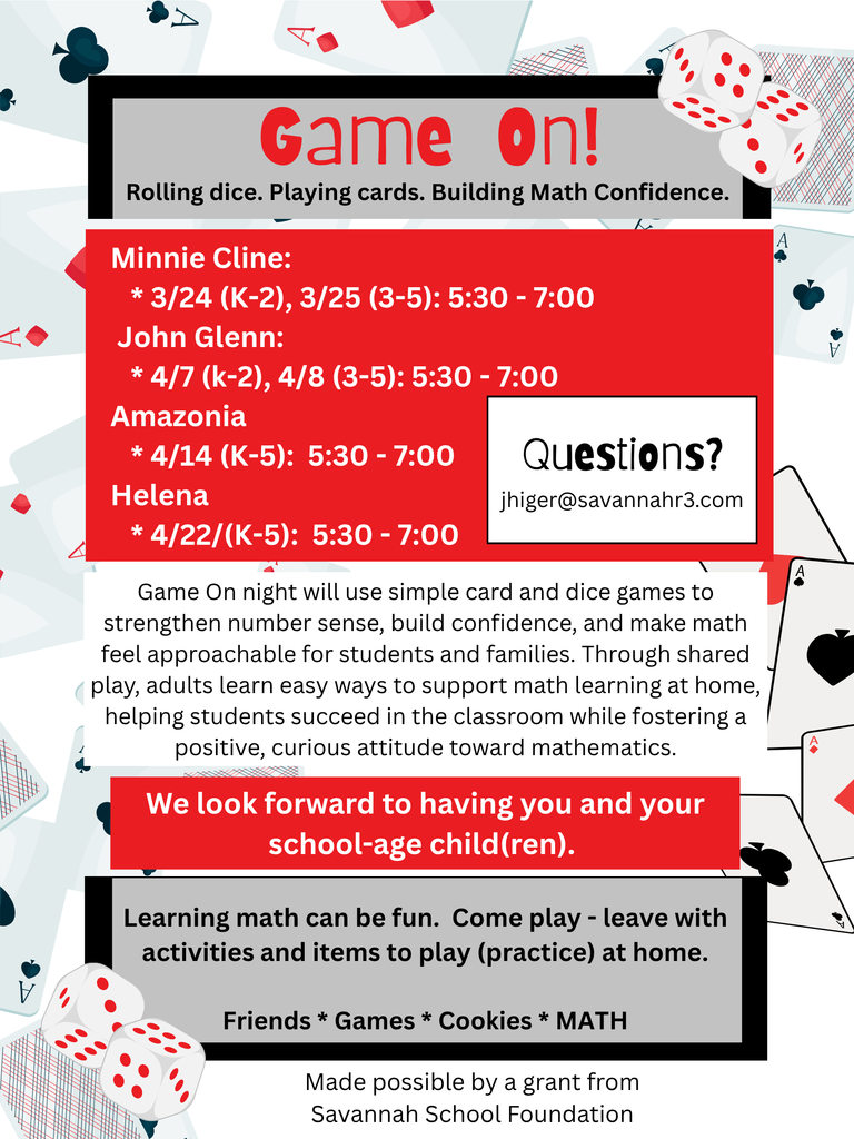Game On math night flyer with dates for Minnie Cline, John Glenn, Amazonia, and Helena schools, all from 5:30–7:00 PM, featuring family-friendly math games using cards and dice.