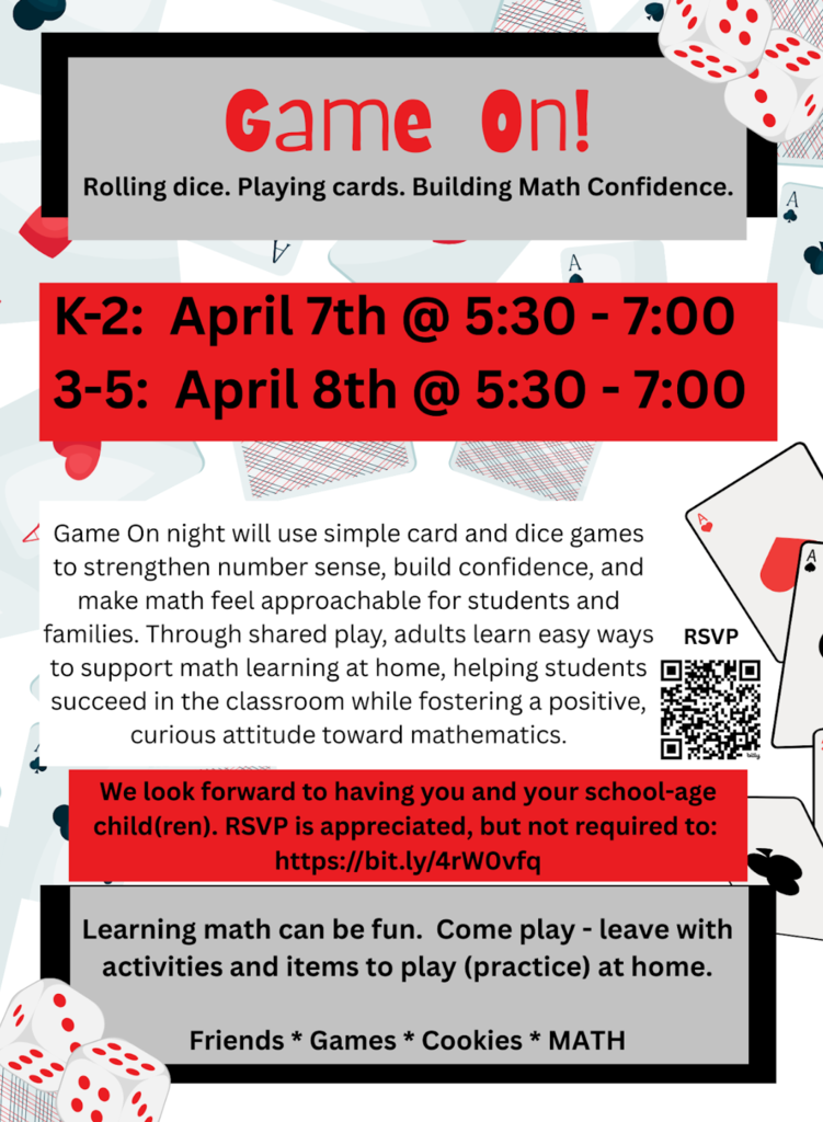 Flyer for John Glenn Math Nights with dice and playing cards. Text lists K–2 on April 7 from 5:30–7:00 and grades 3–5 on April 8 from 5:30–7:00.