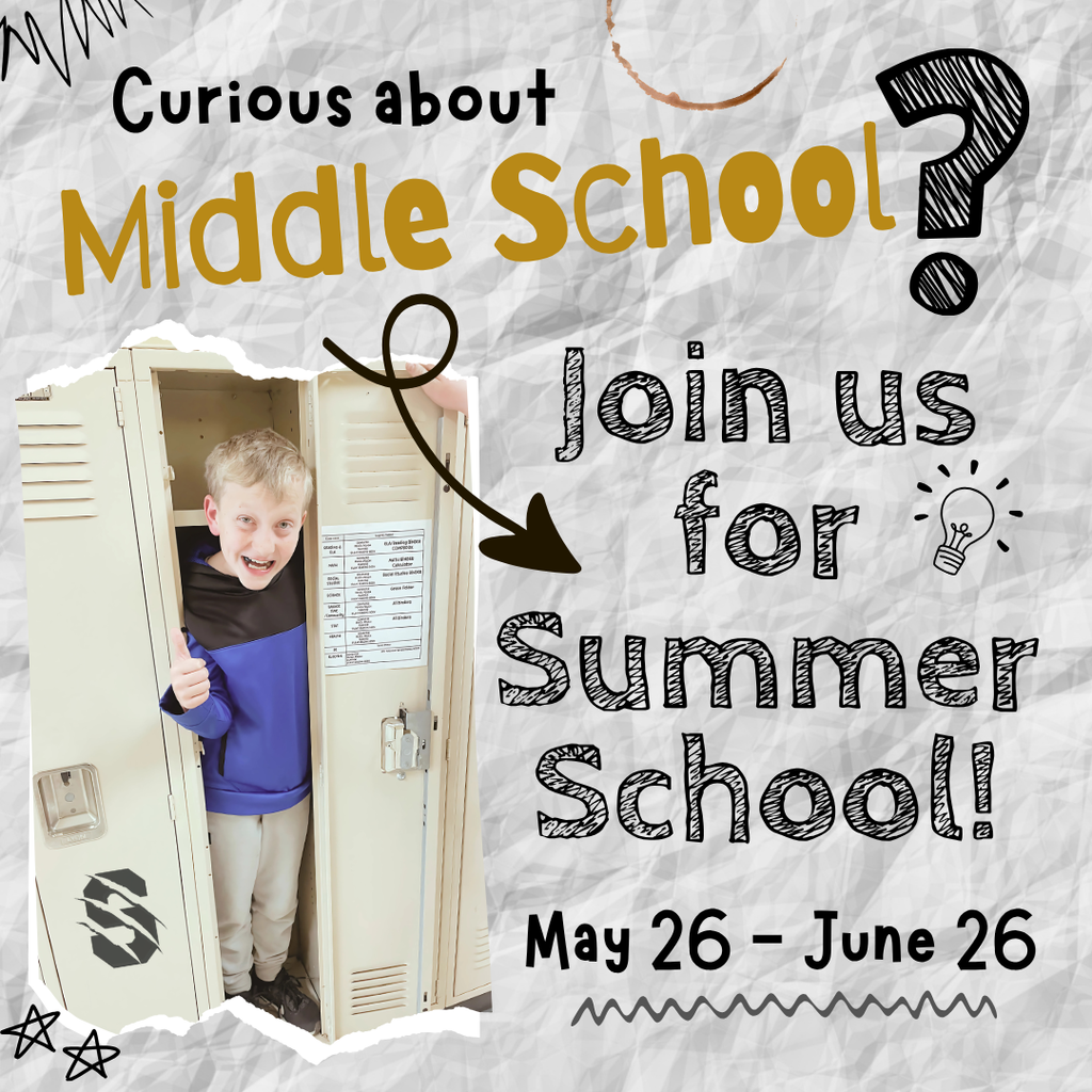 Student smiling at locker with text about middle school and summer school dates May 26–June 26 with shuttle bus availability noted.