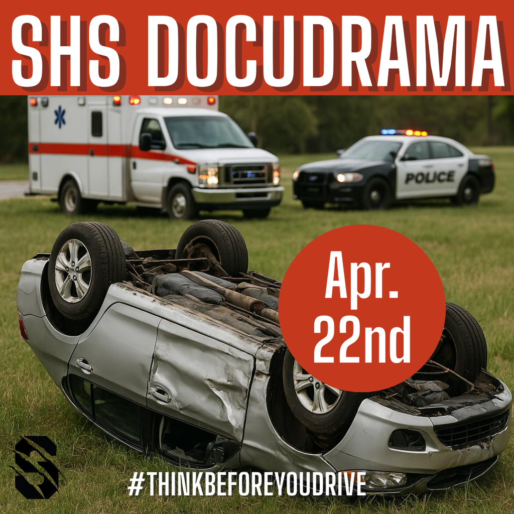 A red and white public notice graphic with bold text that reads: “NOTICE – Savannah Community! Please don’t be alarmed—this is only a drill.” It explains that Savannah High School will host its annual Docudrama with a mock accident scene involving emergency vehicles to promote safe driving before prom. A red siren emoji and the hashtag #ThinkBeforeYouDrive are also included.