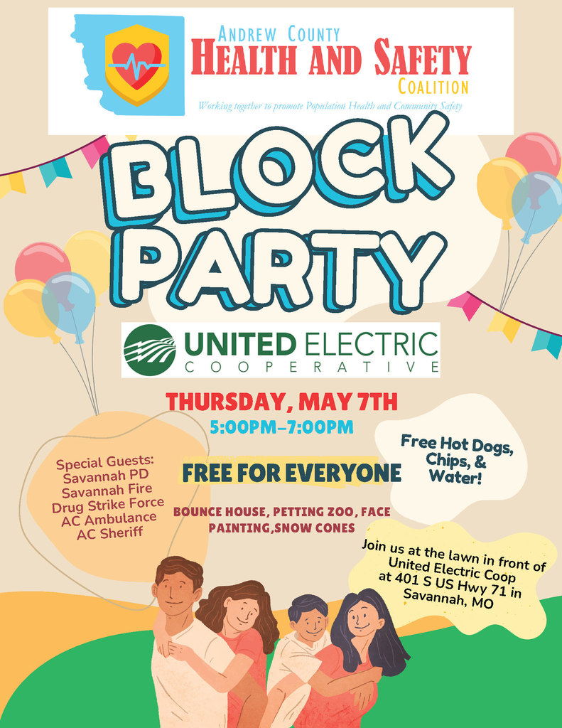 Colorful flyer for the Andrew County Health and Safety Coalition Block Party on Thursday, May 7 from 5:00–7:00 PM at United Electric Coop in Savannah.