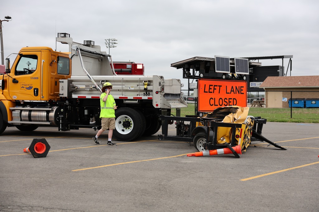 MoDOT truck and “Left Lane Closed” sign set up as part of the Docudrama mock crash scene.