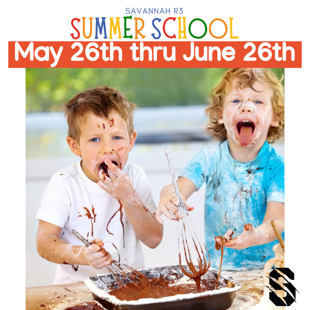 Two kids covered in baking mess playing with batter, promoting summer school dates, May 26–June 26.