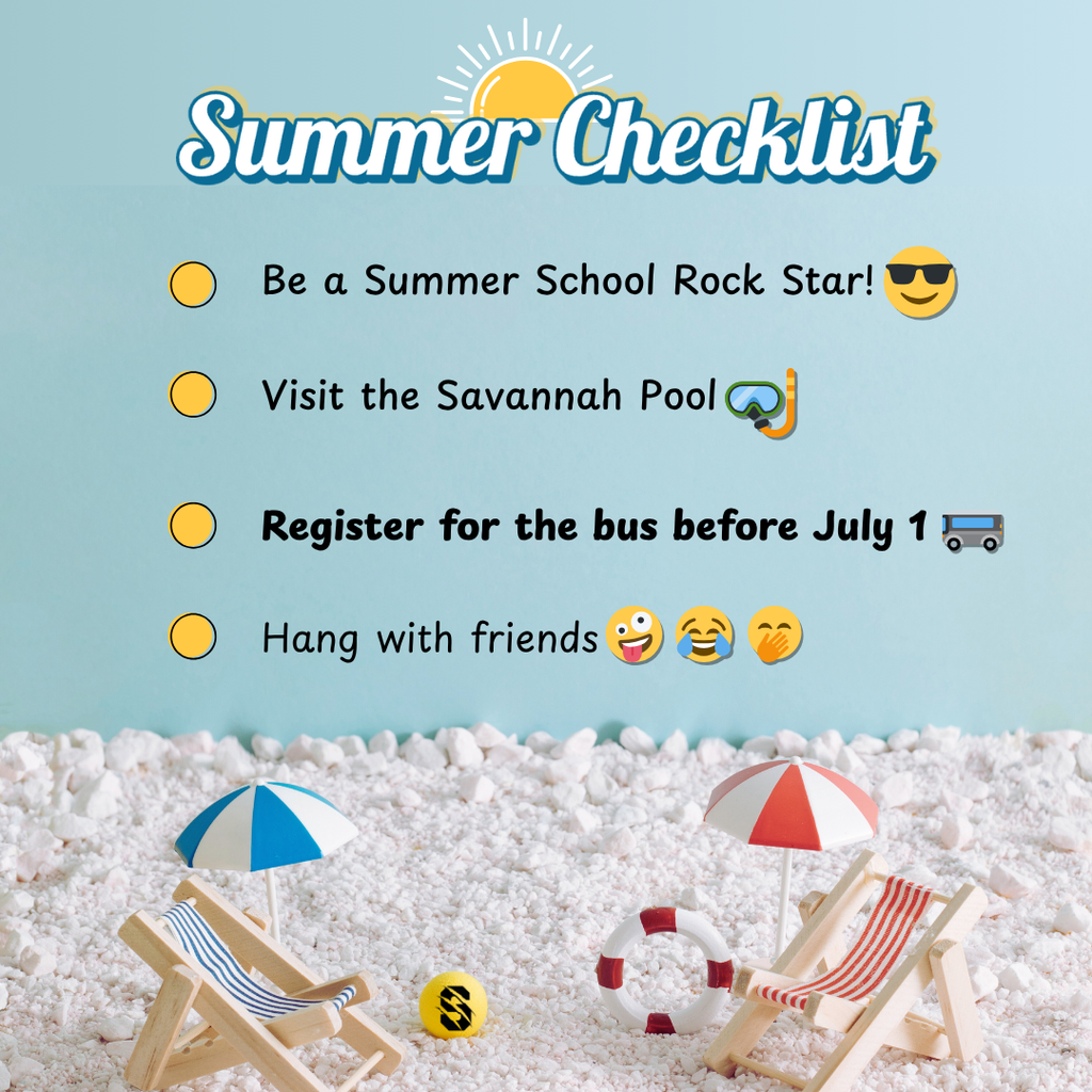 Mini beach scene with checklist including summer school, friends, and bus registration reminder.