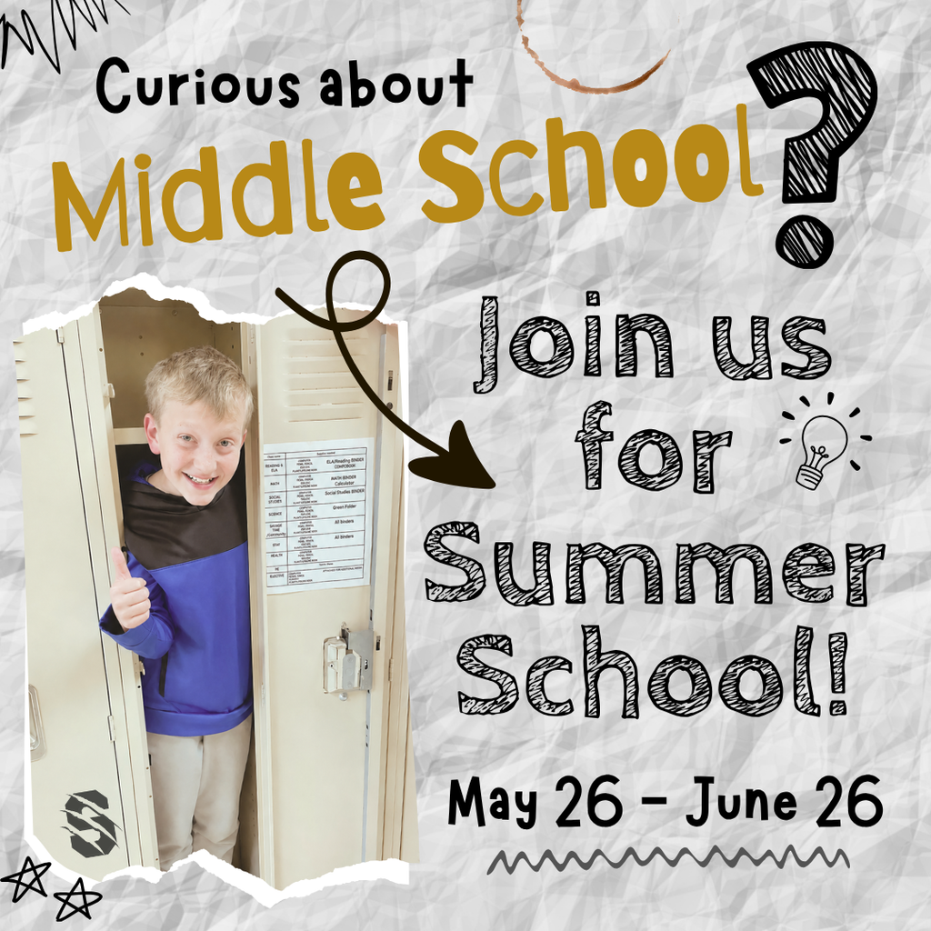 Boy smiling inside a locker with text promoting summer school for incoming middle school students, May 26–June 26.