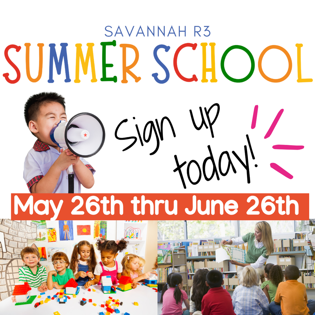 Child holding a megaphone with “Sign up today!” text and summer school dates, May 26–June 26.