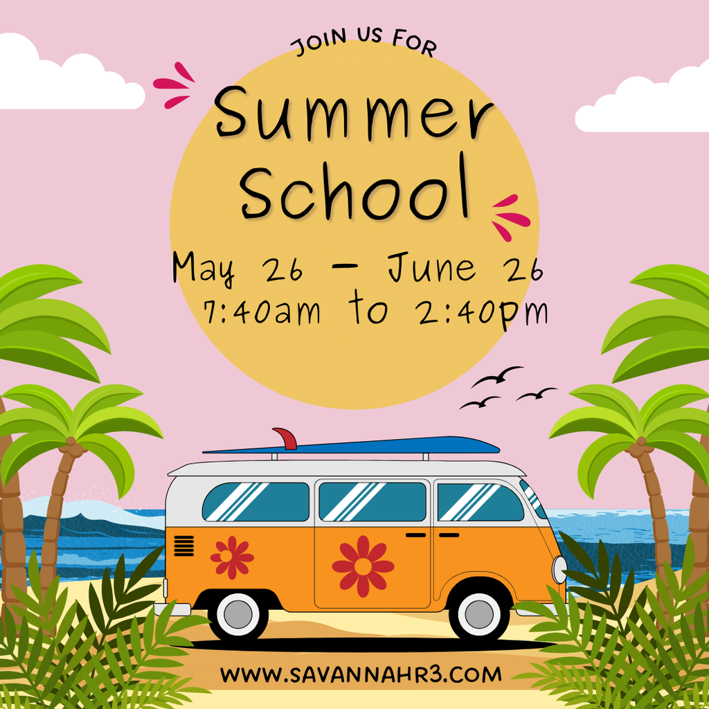 Colorful van on beach with palm trees and summer school dates and times, May 26–June 26.
