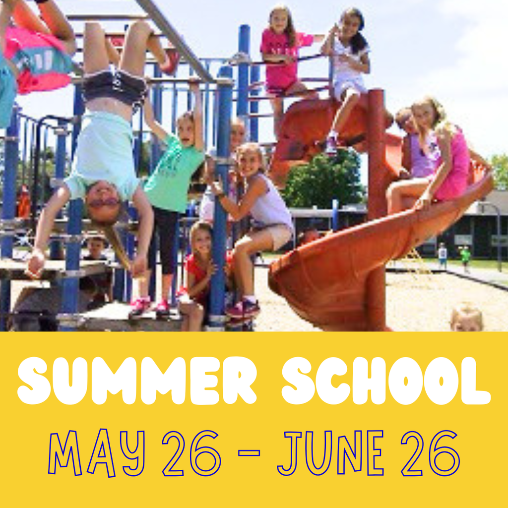 Kids playing on playground equipment with text promoting summer school dates, May 26–June 26.