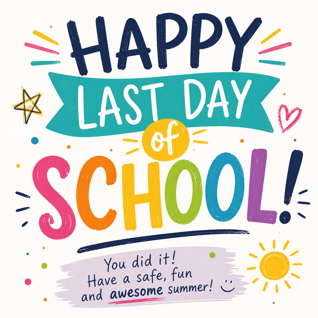 Colorful graphic with playful hand-lettered text reading “Happy Last Day of School!” surrounded by confetti, doodles, stars, hearts, and sunshine accents. Smaller text reads, “You did it! Have a safe, fun and awesome summer!”