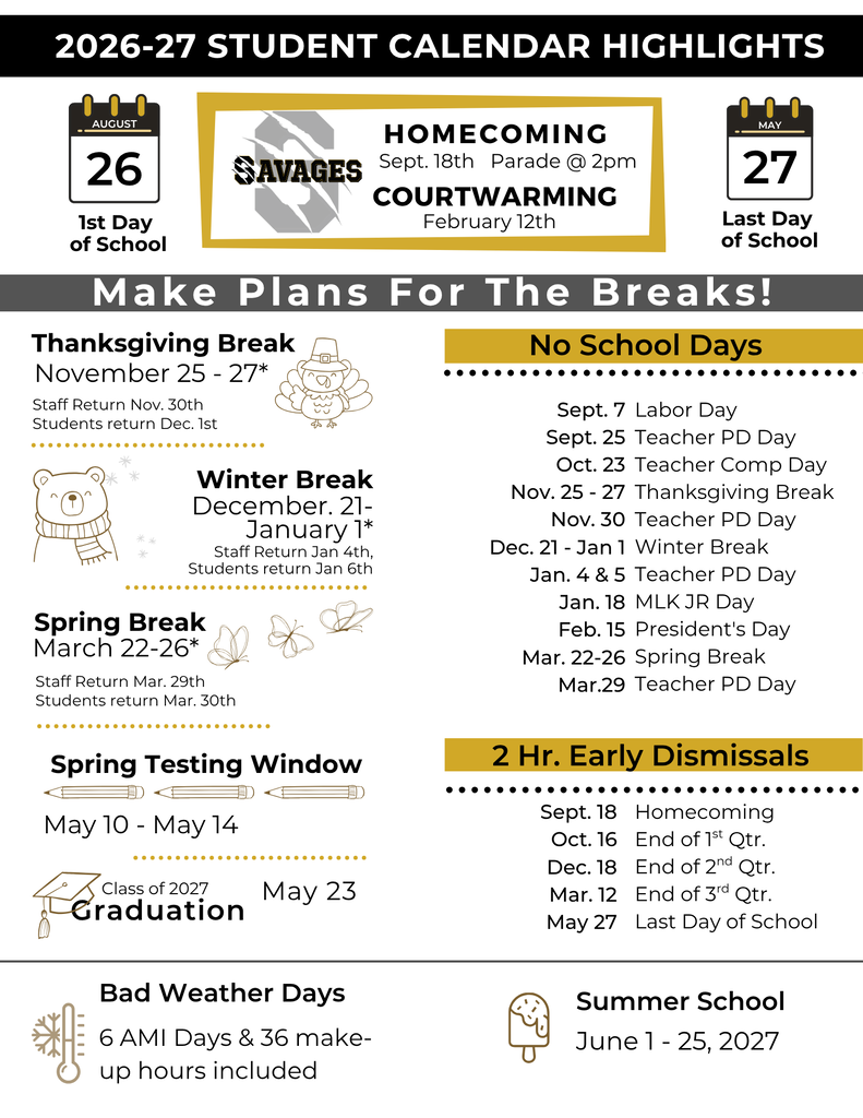 2026-27 Savannah R3 student calendar highlights with school breaks, early dismissals, graduation on May 23, and Courtwarming on February 12.