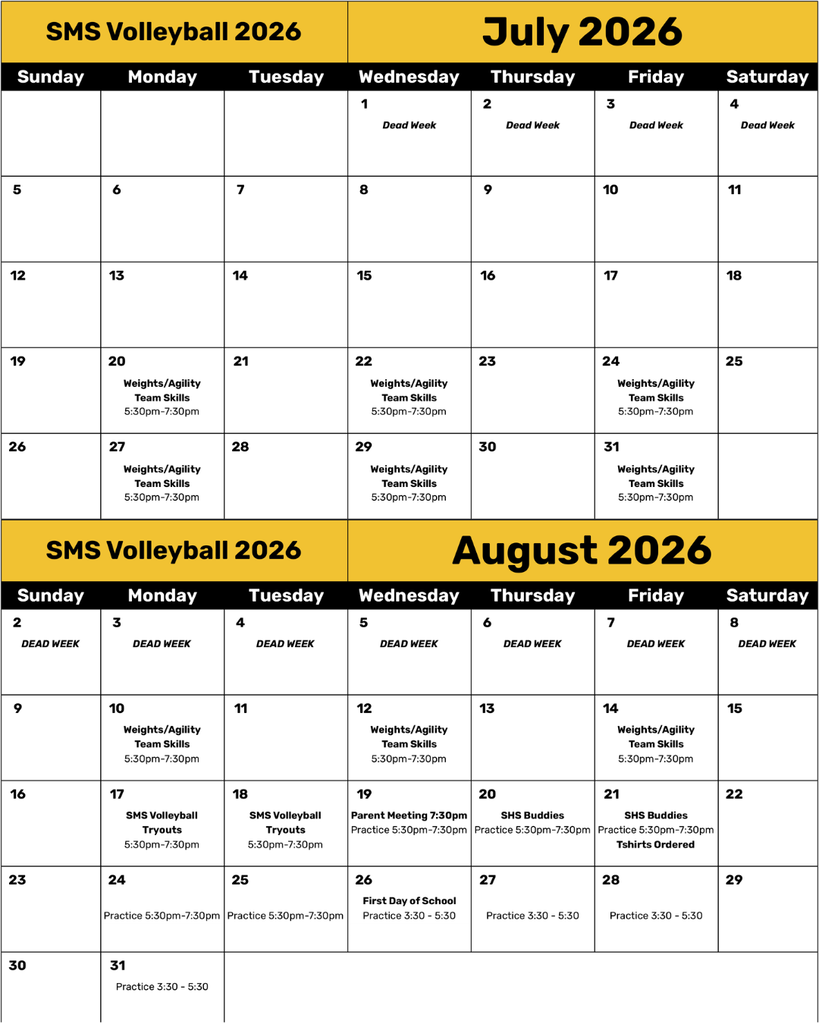 Black, gold, and white Savannah Middle School volleyball calendar for July and August 2026 showing tryout prep on July 20, 22, 24, 27, 29, 31 and August 10, 12, 14 from 5:30 to 7:30 p.m., with tryouts on August 17 and 18 from 5:30 to 7:30 p.m. Additional August practice dates, a parent meeting on August 19, and school-year events are also listed.