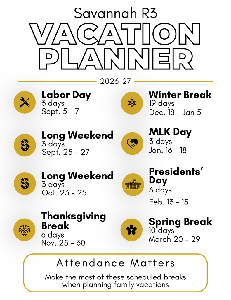 Savannah R3 2026–27 Vacation Planner. Scheduled school breaks include: Labor Day, Sept. 5–7 (3 days); Long Weekend, Sept. 25–27 (3 days); Long Weekend, Oct. 23–25 (3 days); Thanksgiving Break, Nov. 25–30 (6 days); Winter Break, Dec. 18–Jan. 5 (19 days); Martin Luther King Jr. Day, Jan. 16–18 (3 days); Presidents' Day, Feb. 13–15 (3 days); Spring Break, March 20–29 (10 days). Attendance Matters! Plan your vacations during scheduled school breaks.