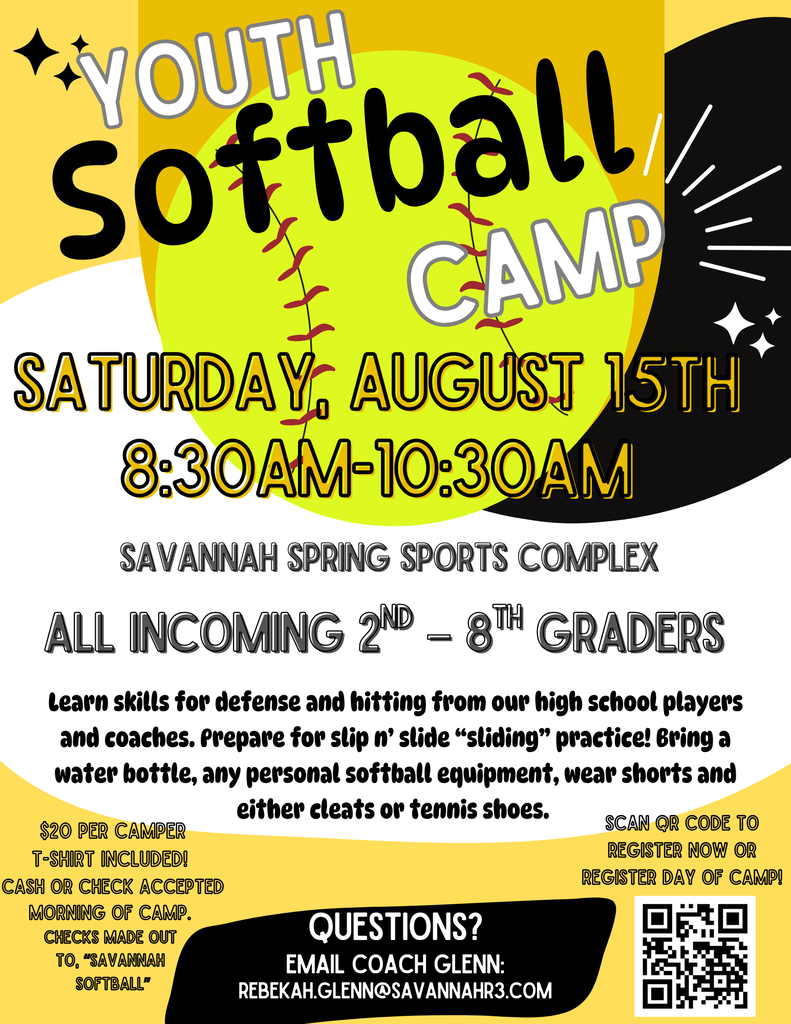 Youth Softball Camp for incoming grades 2–8 on Aug. 15, 8:30–10:30 a.m. at Savannah Spring Sports Complex.
