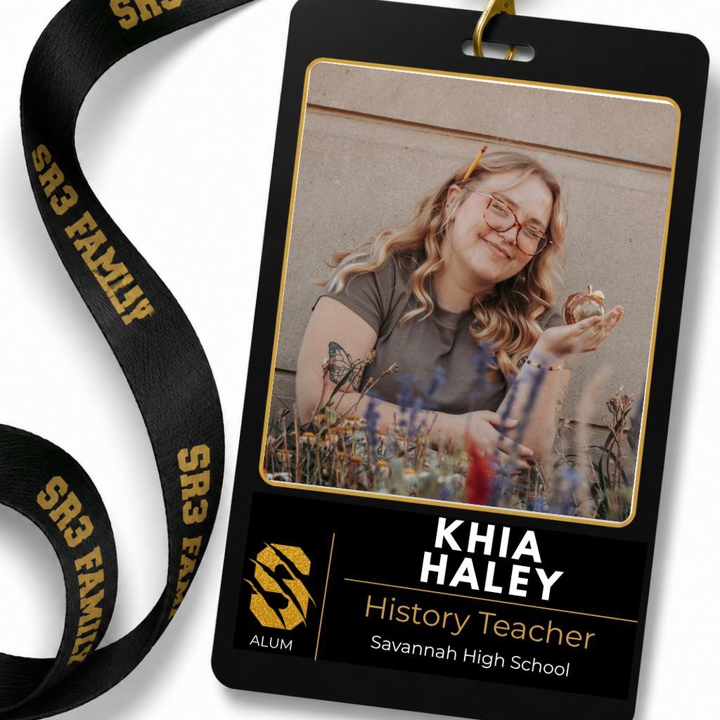 Graphic featuring a black SR3 staff ID badge hanging from a black "SR3 Family" lanyard on a white background. The badge displays a portrait of Khia Haley smiling outdoors while holding a gold apple. Text identifies her as a History Teacher at Savannah High School. A gold "ALUM" icon indicates she is a Savannah R3 graduate.
