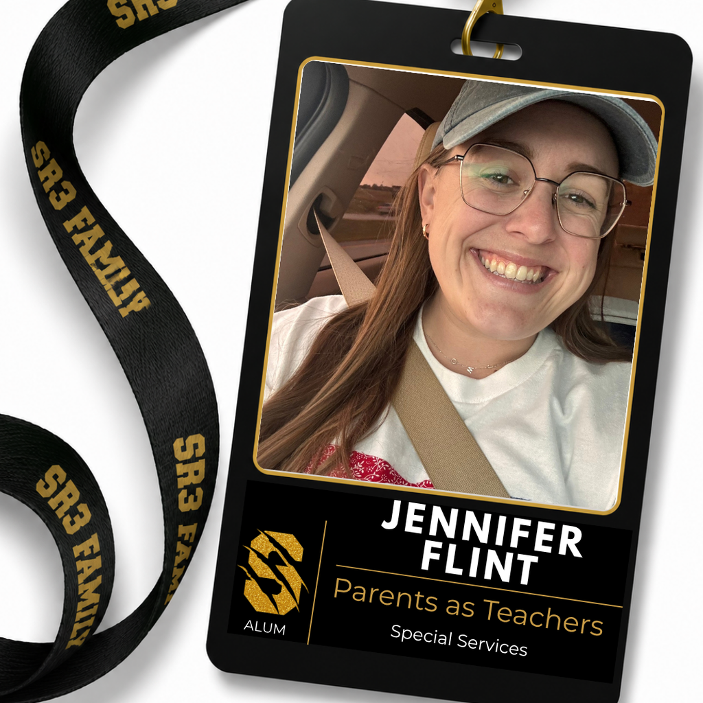 Black SR3 staff ID badge hanging from a black "SR3 Family" lanyard on a white background. The badge features a portrait of Jennifer Flint. Text identifies her as a Parents as Teachers Parent Educator in Special Services. A gold "ALUM" icon indicates she is a Savannah R3 graduate.