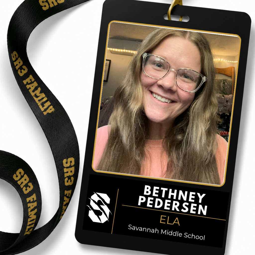 Portrait of new Savannah Middle School ELA teacher Bethney Pedersen smiling while wearing glasses and a peach-colored shirt.