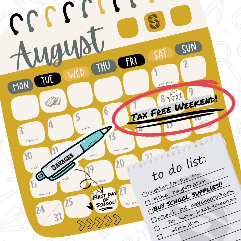 Back-to-school themed calendar graphic highlighting Missouri's Tax-Free Weekend on August 7–9, with a reminder to buy school supplies and visit the Savannah R3 website for back-to-school information.