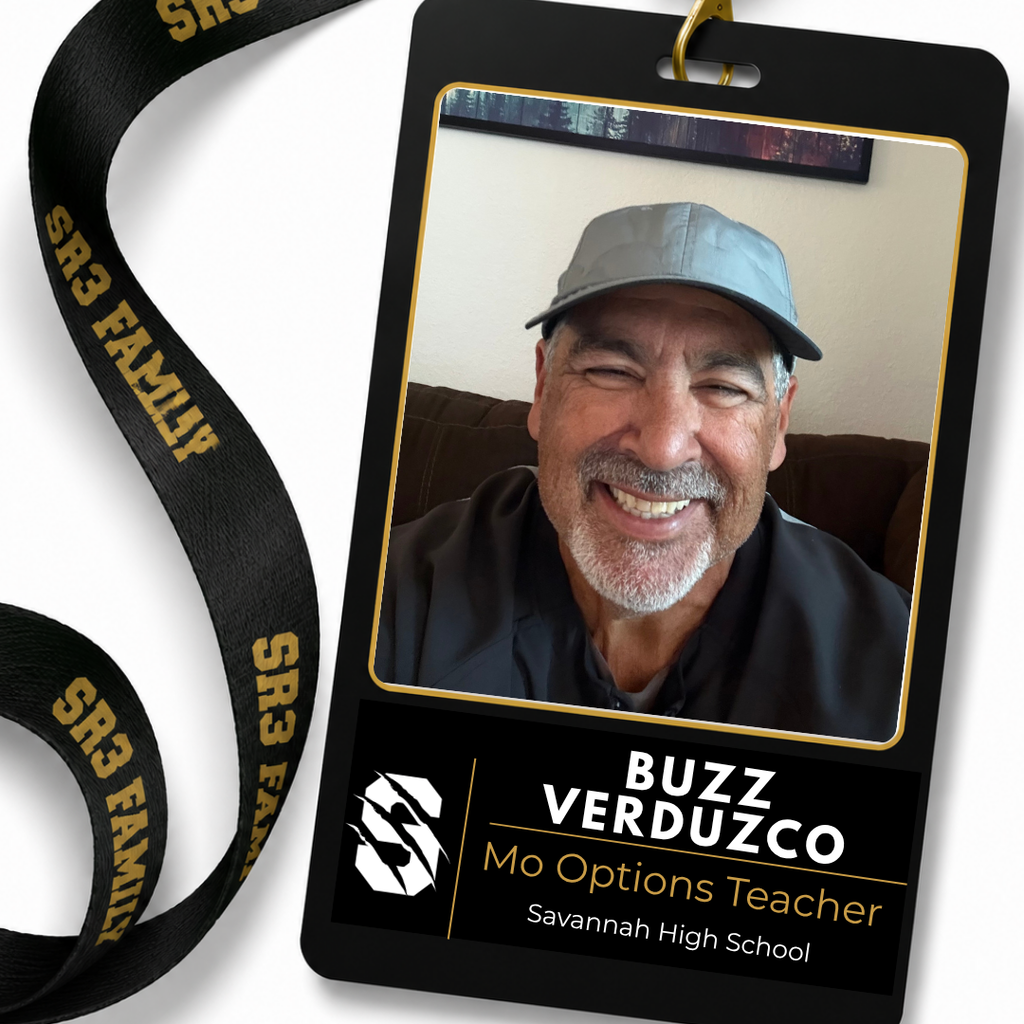 Portrait of Buzz Verduzco, the new Missouri Options Teacher at Savannah High School, smiling while wearing a gray cap and dark shirt on an SR3 staff spotlight graphic.