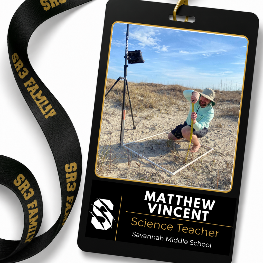 Staff spotlight graphic for Matthew Vincent, new Science Teacher at Savannah Middle School, featuring a photo of him measuring a sandy beach research site outdoors while wearing a wide-brim hat.