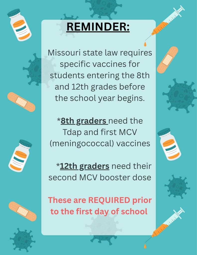 Missouri vaccine reminder for students entering grades 8 and 12, including required Tdap and meningococcal vaccines.