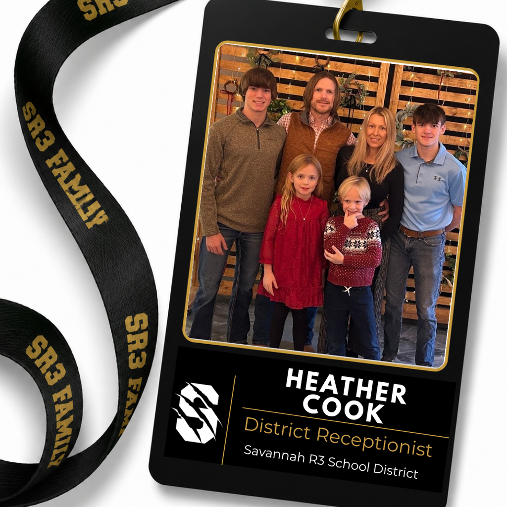 Heather Cook, SR3 District Receptionist, is featured on an SR3 staff ID badge graphic with a family photo of Heather, her husband, and their four children.