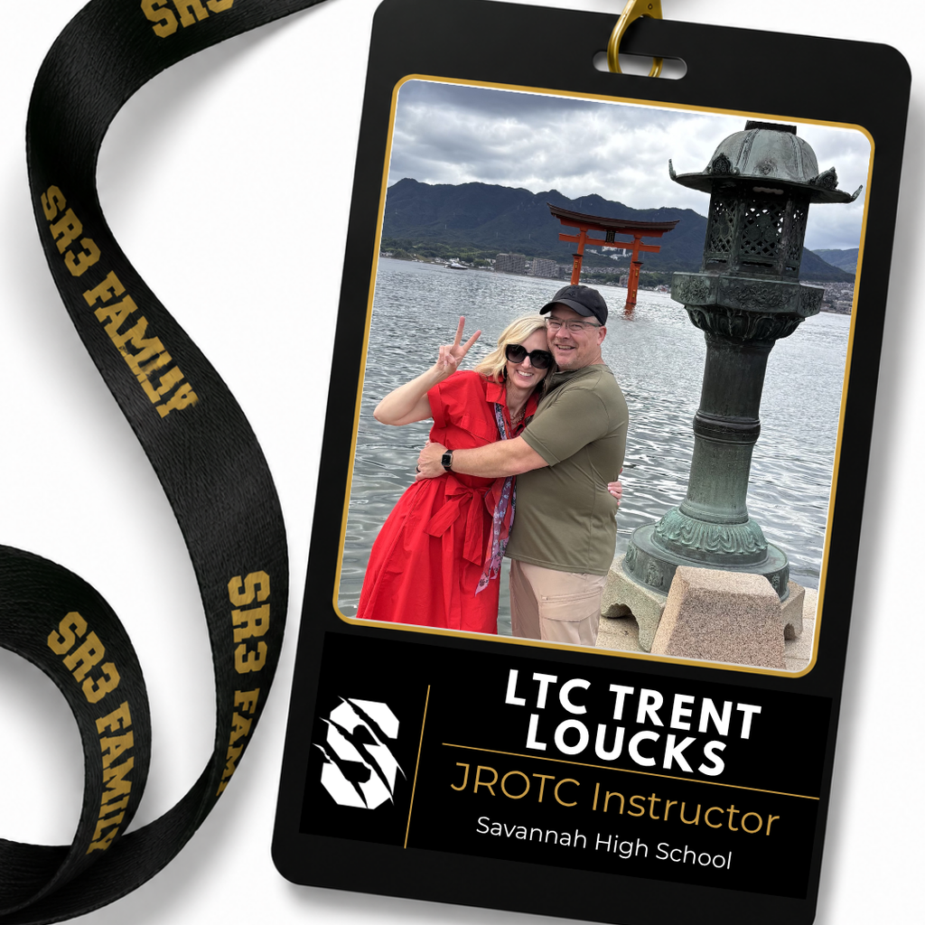 LTC Trent Loucks, Savannah High School's new JROTC Senior Army Instructor, is featured on an SR3 staff ID badge graphic with a photo of him and his wife smiling together near the famous floating torii gate in Japan.