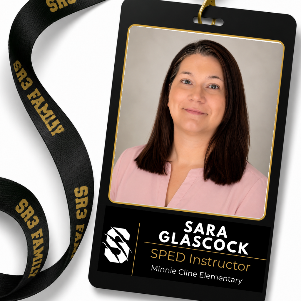 Sara Glascock, Resource Teacher at Minnie Cline Elementary, is featured on an SR3 staff ID badge graphic with a professional headshot against a neutral background.