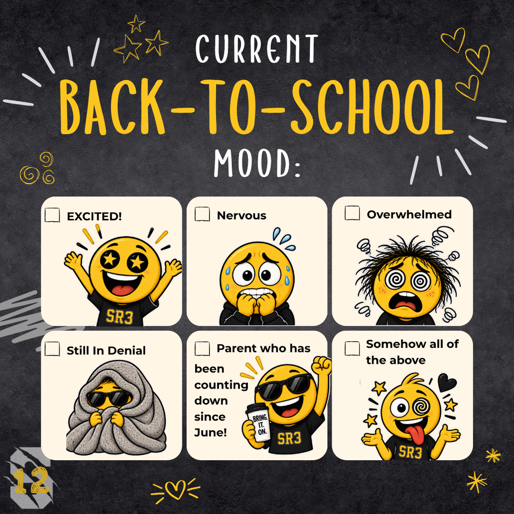 Back-to-school mood chart showing six reactions: excited, nervous, overwhelmed, in denial, counting down, or all of the above.