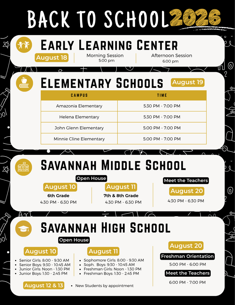 Back-to-School 2026 schedule: ELC Aug. 18; elementary schools Aug. 19; SMS and SHS Meet the Teachers Aug. 20. See post for full event times.
